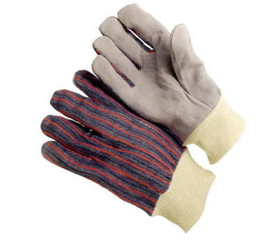 Glove - Leather Palm Stripe Fabric Back, Knit Wrist, Mens